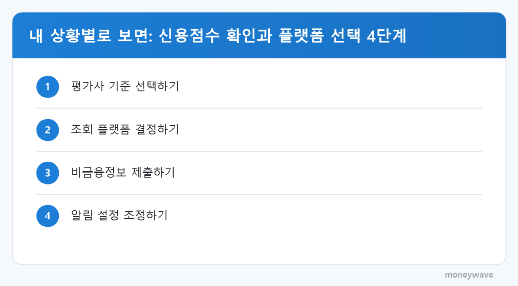 내 상황별로 보면: 신용점수 확인과 플랫폼 선택 4단계: 평가사 기준 선택하기 → 조회 플랫폼 결정하기 → 비금융정보 제출하기 → 알림 설정 조정하기