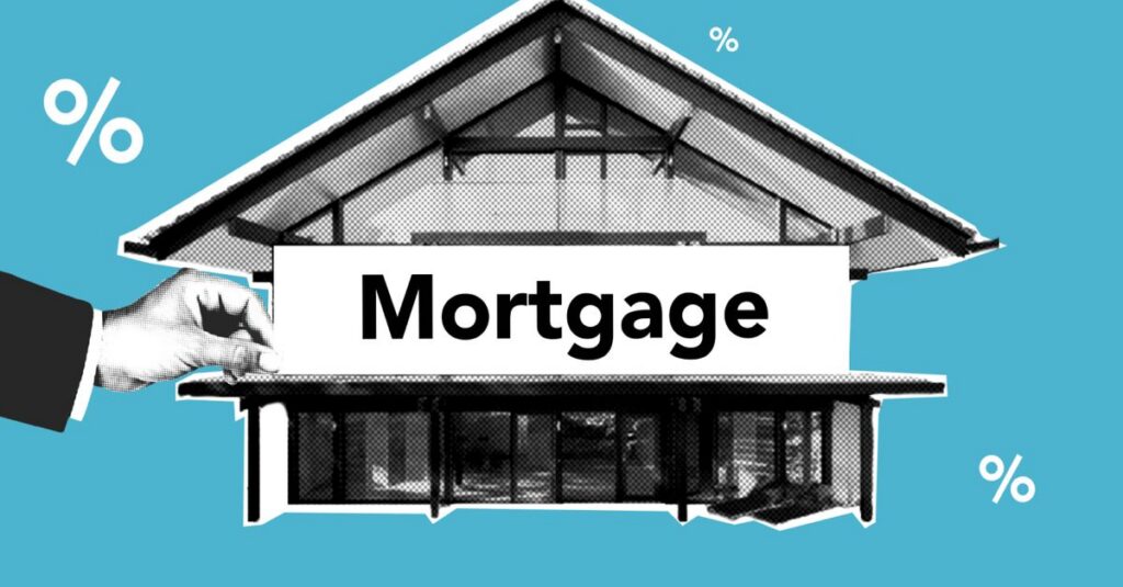 Cutout paper composition of realtor with inscription mortgage over house for purchases with payment of interest on amount of cost