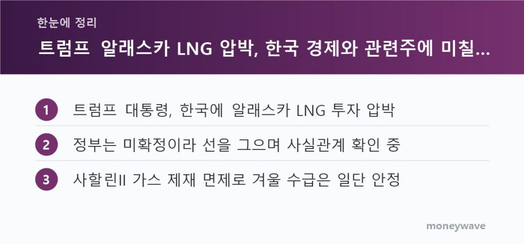 한눈에 정리: 트럼프 대통령, 한국에 알래스카 LNG 투자 압박 / 정부는 미확정이라 선을 그으며 사실관계 확인 중 / 사할린II 가스 제재 면제로 겨울 수급은 일단 안정